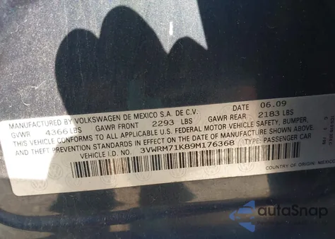 2009 Volkswagen Jetta Se from USA, damaged, VIN 3VWRM71K89M176368